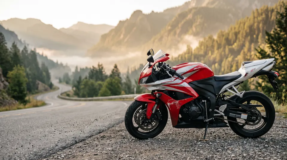 Red and white sport motorcycle with a scuffed side fairing and faded, peeling decals parked at a mountain road pull-off at sunrise