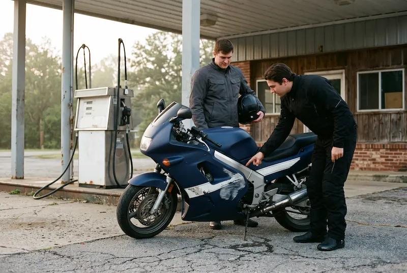Rider pointing at a scraped side fairing on a friend's blue sport motorcycle at a gas station