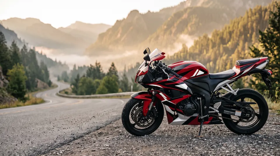 After: the same sport motorcycle wearing a bold red, black and white graphic kit at the mountain road pull-off